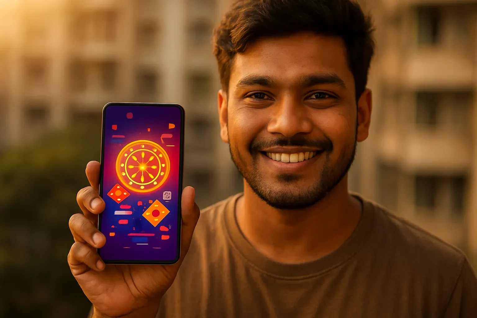 Young Bangladeshi man holding smartphone showing glowing casino app interface