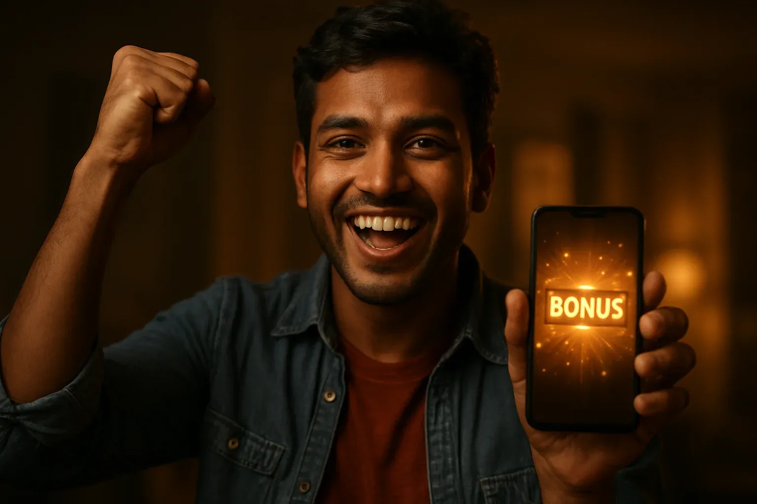Joyful Bangladeshi man holding smartphone showing glowing golden bonus notification