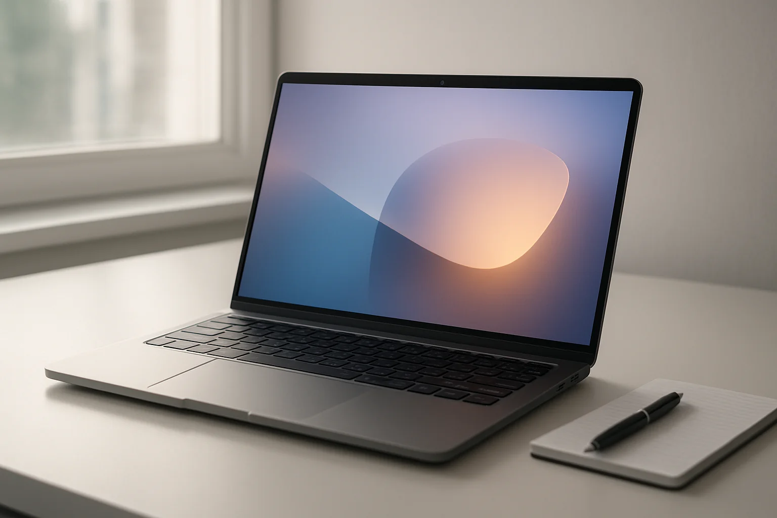 Modern laptop on white desk with abstract glowing screen in daylight