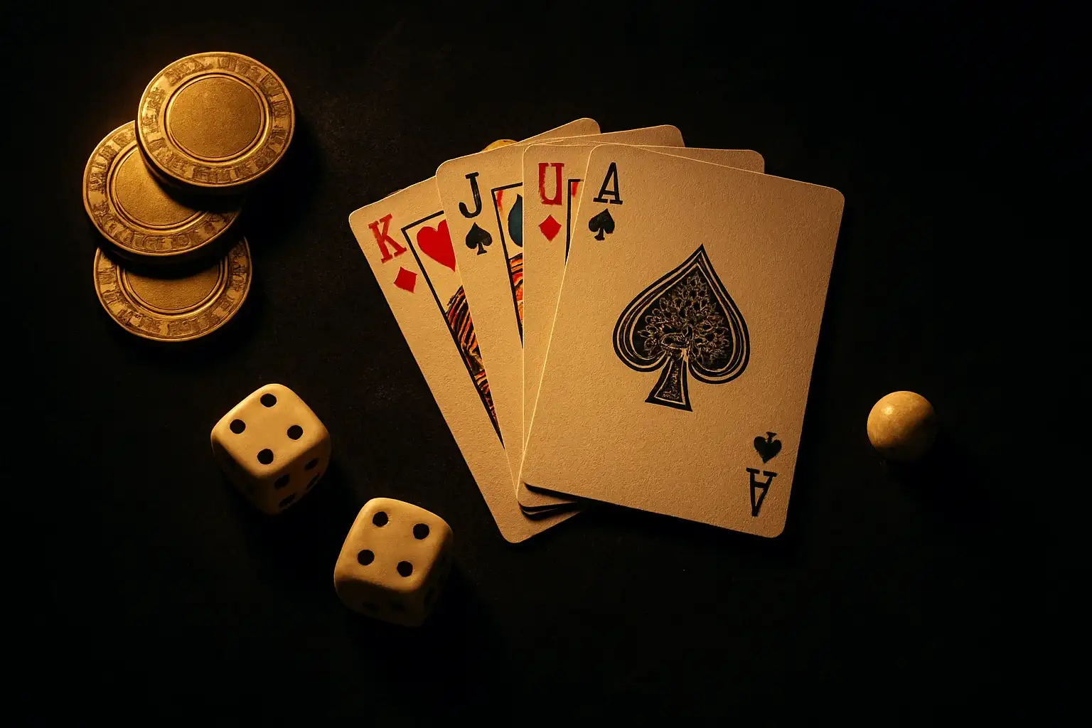 Hyperrealistic top-down casino flat lay on dark velvet with chips, cards, dice, roulette ball
