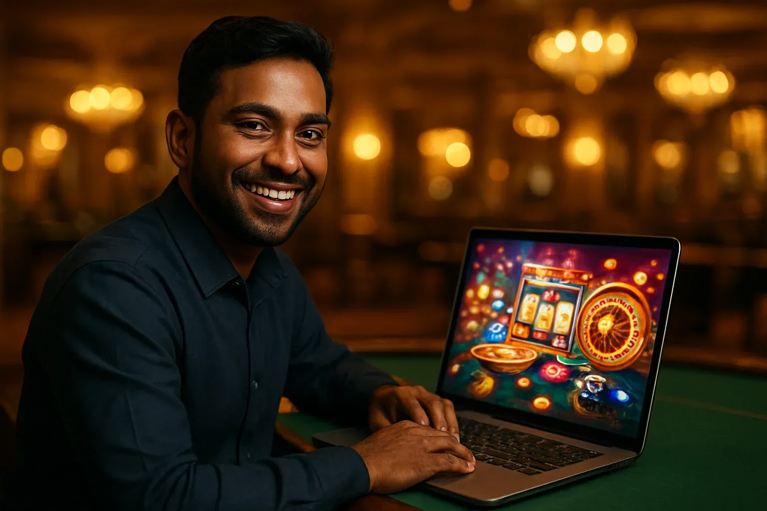 Cheerful Bangladeshi man smiling at laptop with glowing casino interface