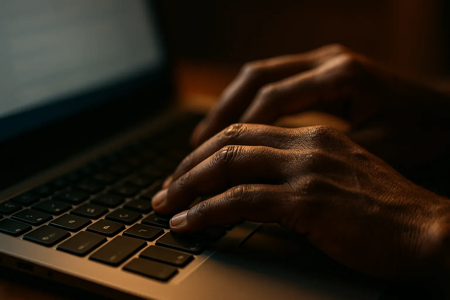 Close-up of Bangladeshi hands typing on laptop keyboard in dark light