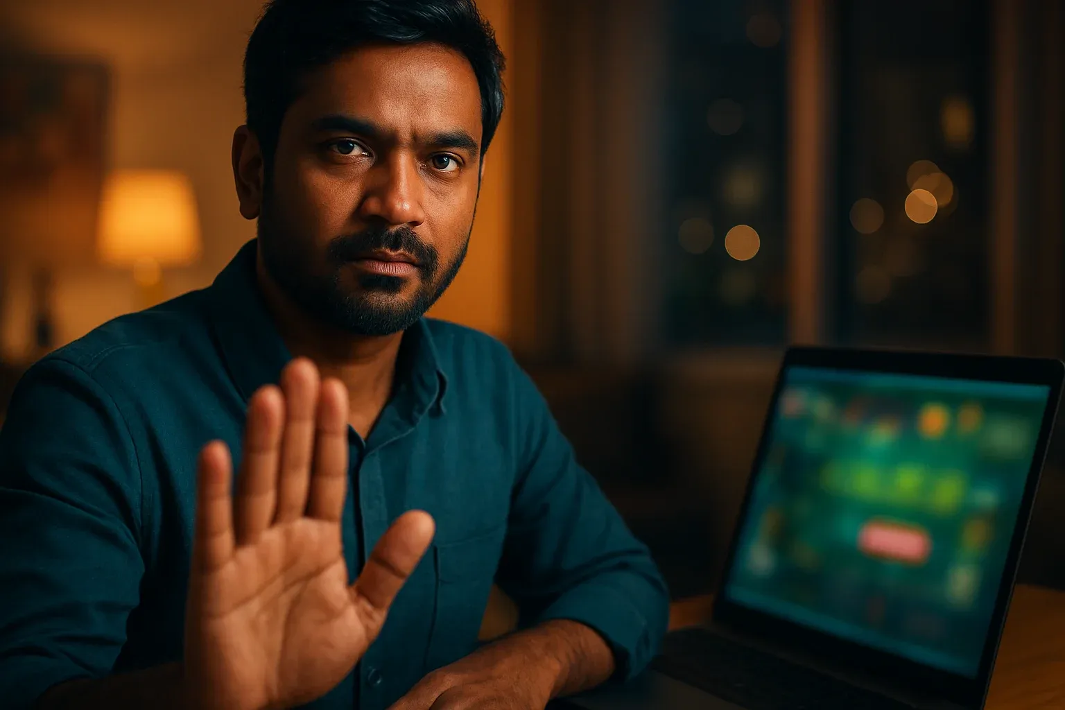 Confident Bangladeshi man shows stop gesture by laptop with blurred casino