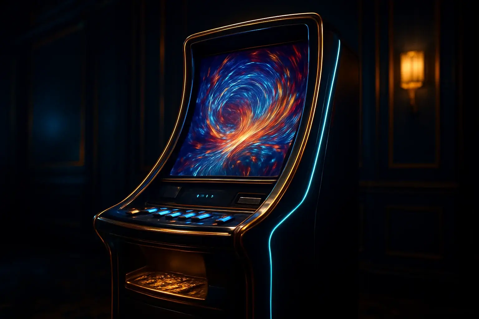 Hyperrealistic premium slot machine in dark luxury setting with neon lighting